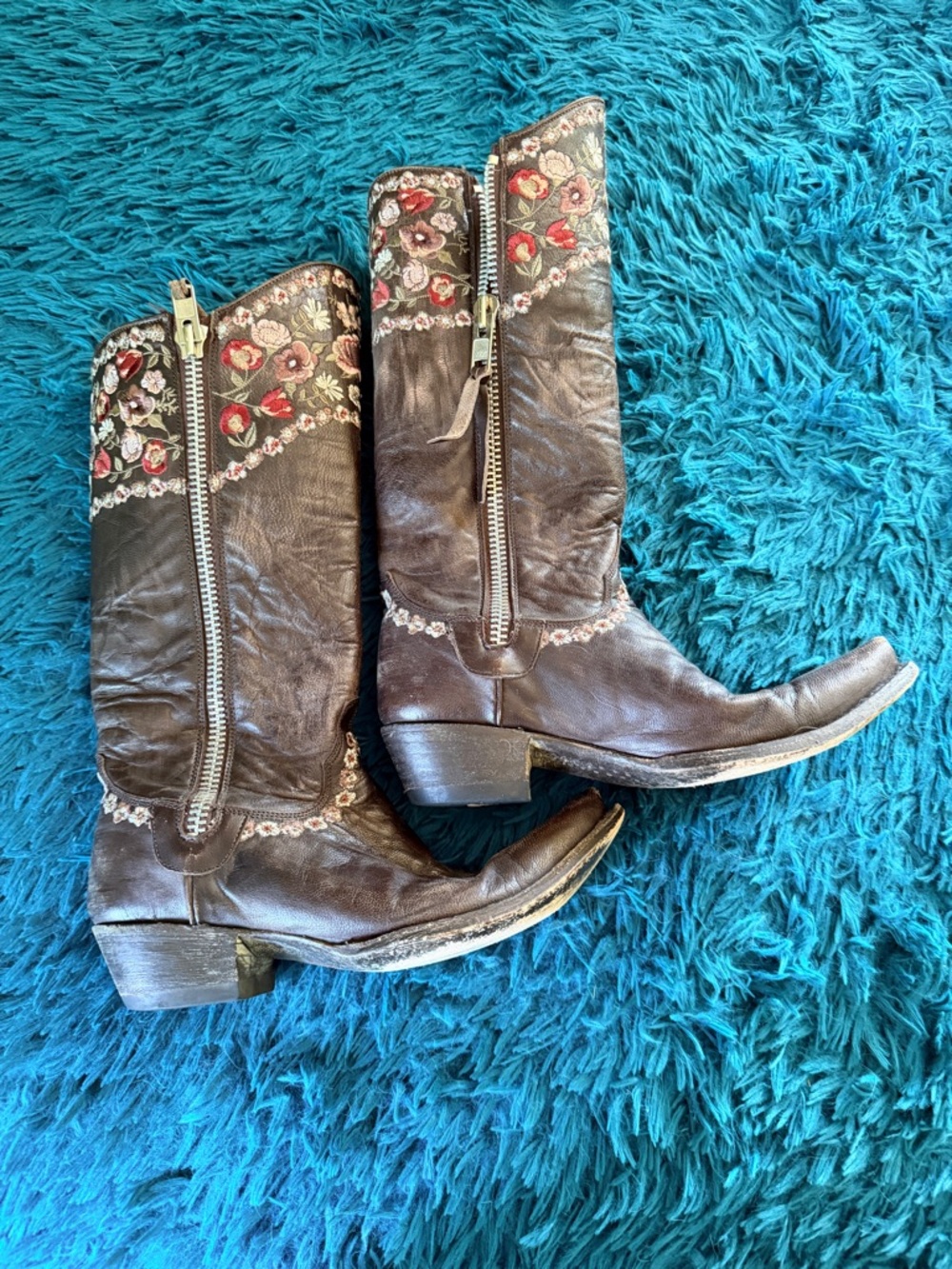 Old Gringo Brown Leather Mid-Calf Boots with Floral Embroidery
